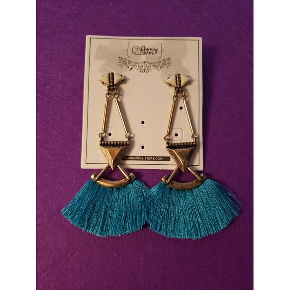 Long Dangle Bright Blue Tassel Chandelier Style Earrings Brass Tone Pierced New - Picture 3 of 7